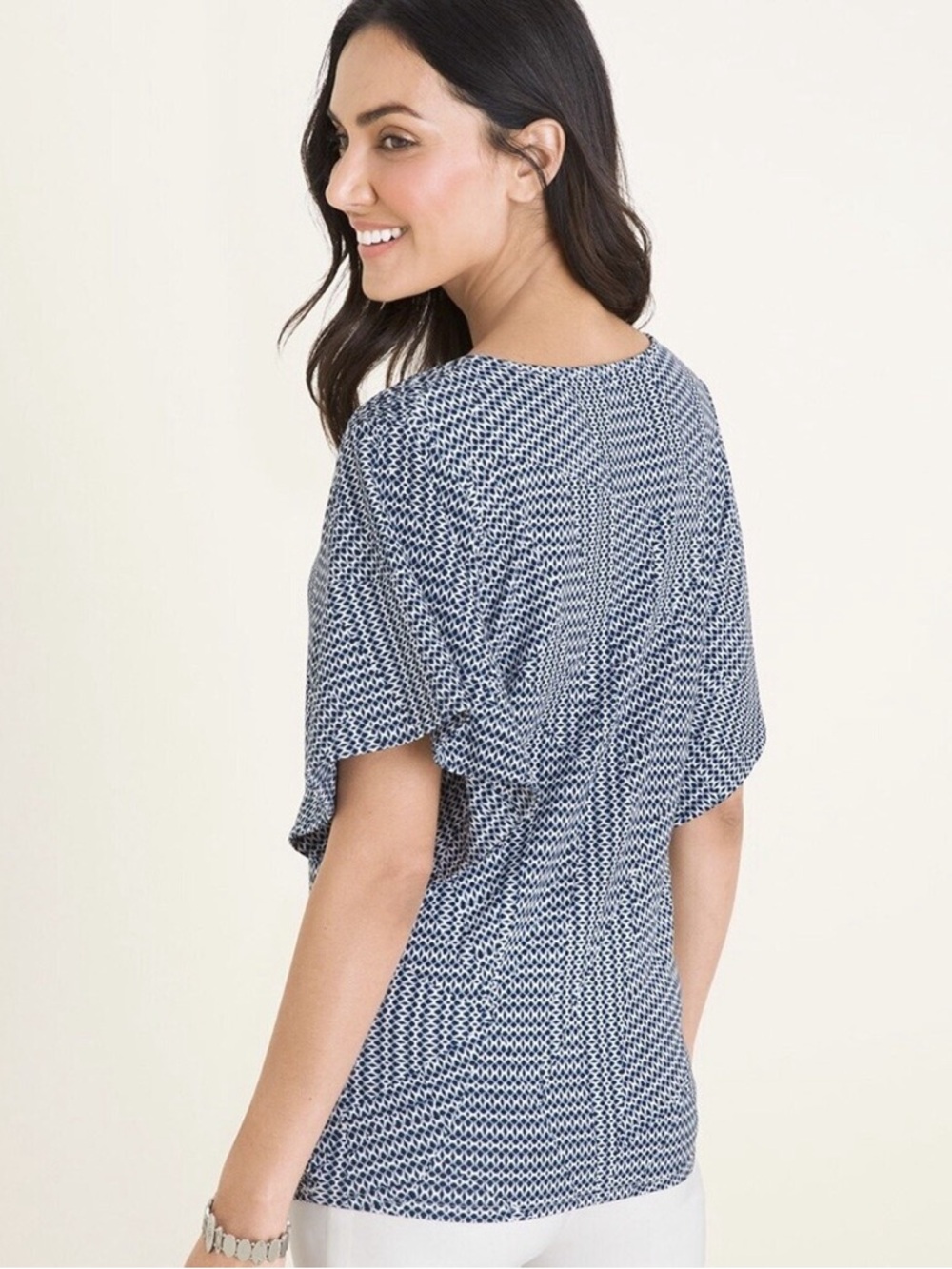 NWT Chico's Indigo & White Geo Flutter Sleeve Knit Top